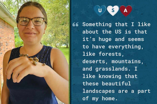 Picture of Kristianna holding snails and text about loving America's beautiful landscapes