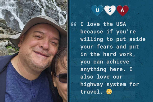 Picture of Kristian and text about loving the USA for its roads and for being able to achieve anything here