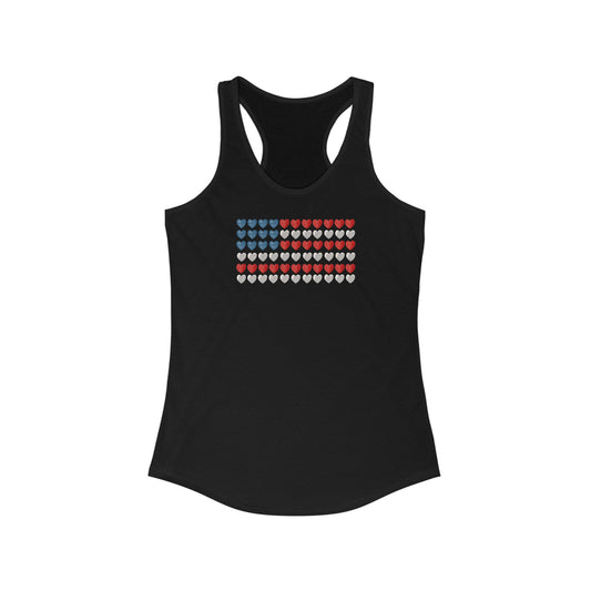 USA Flag Women's Racerback Tank Top, Heart Pattern, Vintage Colors, Medium Design