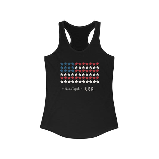 USA Flag Women's Racerback Tank Top, Star Pattern, Vintage Colors, Beautiful USA Text, Medium Design