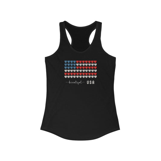 USA Flag Women's Racerback Tank Top, Heart Pattern, Vintage Colors, Beautiful USA Text, Medium Design